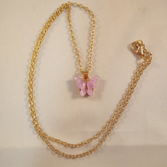 Gold Plated Pink Opal Resin Butterfly Pendant Chain Necklace 20" Womens - Picture 3 of 3